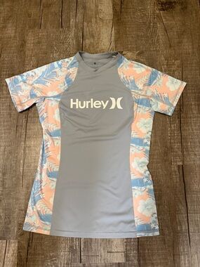 5/$15 Hurley Gray Center Rash Guard Pastel Pink & Blue Floral Panels size XL
